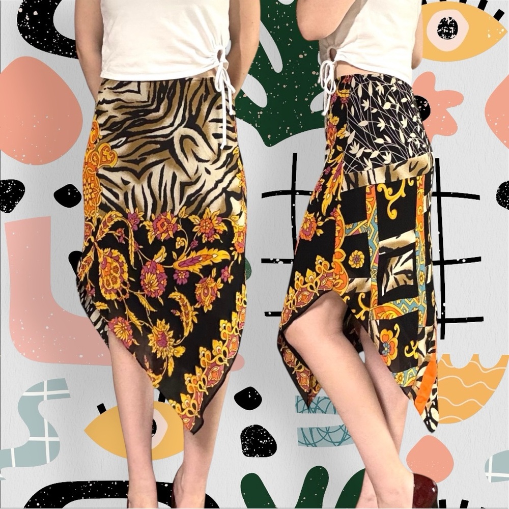 Mica | Vintage High Waisted Floral Animal Print Handkerchief Bandana Style Skirt
